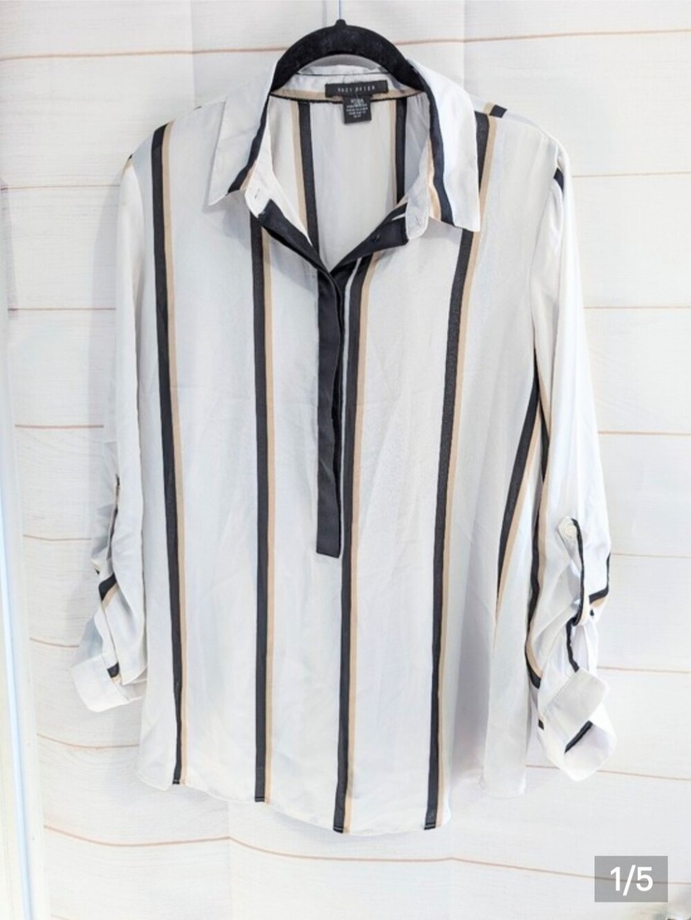 Nwot Suzy Shier Striped Button-Front Blouse White with Black & Tan Stripes M